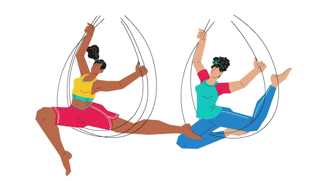 Vector aerial yoga with canvas hammocks antigravity fly yoga class vector isolated