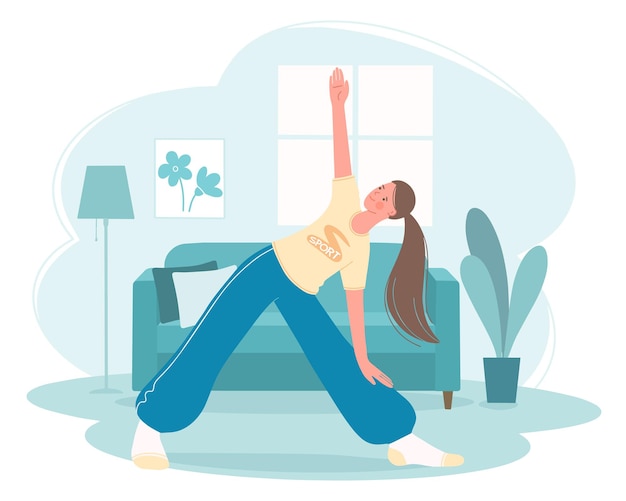 Fitness aerobica o lezioni di yoga a casa la ragazza è in piedi nella posa del triangolo trikonasan concept