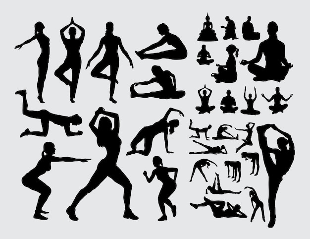 Aerobicsport en meditatiemensen silhouetteren