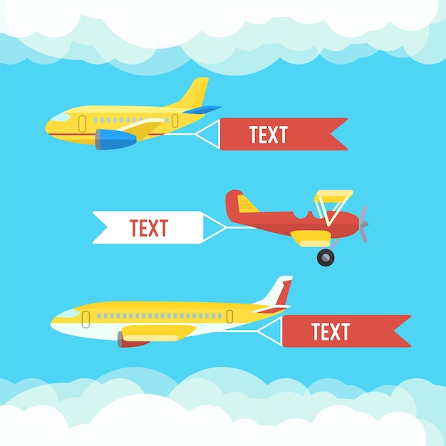 Aeroplane, planes, biplane. Set of colorful flat airplanes with cloud. 