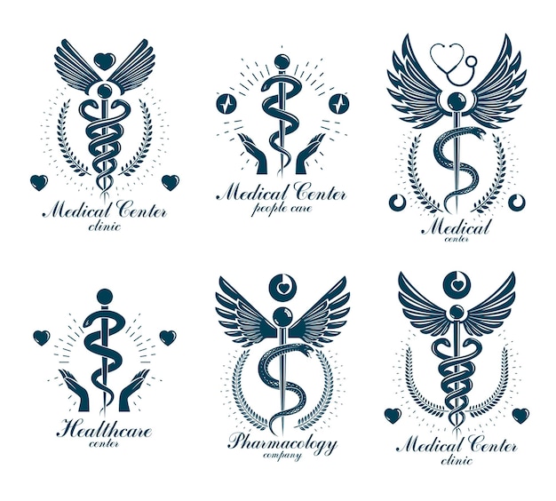 Vector aesculapius greek vector abstract logotypes composed with wings, heart shapes, ecg charts and laurel wreaths. medical symbols for use in pharmacology business and medical advertisement.