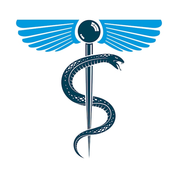 날개와 뱀을 사용하여 구성된 Aesculapius 벡터 추상 상징은 약국 광고에 가장 적합합니다.