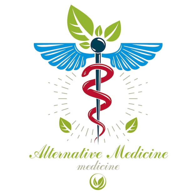 Aesculapius vector abstract logo, Caduceus symbol composed with bird wings for use in medical treatment.