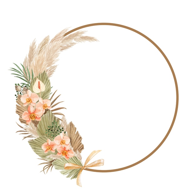 Vector aesthetic bohemian frame with pampas leaves and flower