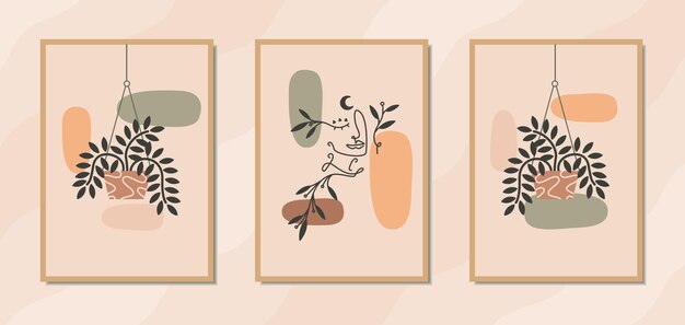 Vector aesthetic boho wall art poster with portrait of woman line art organic and floral shapes