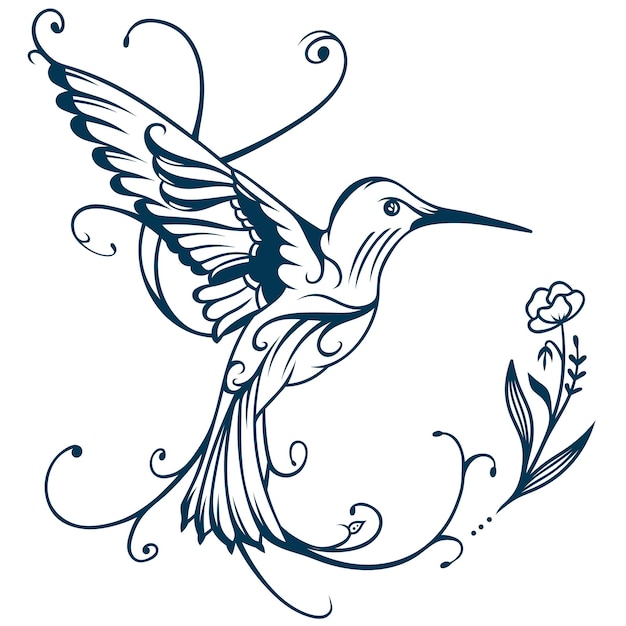 Vector aesthetic floral hummingbird tattoo design