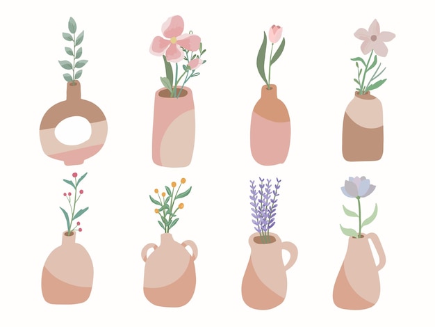 Эстетические цветы в коричневых вазах и коллекции бутылок задают вектор рисования