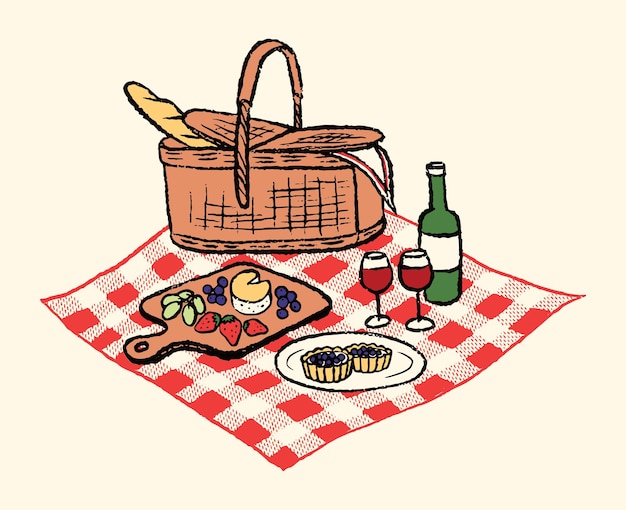 Aesthetic Hand-Drawn picnic scene illustration line art vector