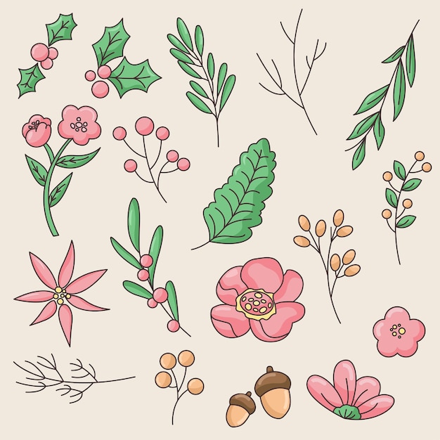 Vector aesthetic hand drawn winter floral element set