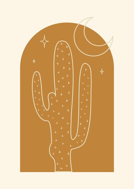 Vector aesthetic illustration saguaro plant with young moon boho wall decor mid century modern minimalist art square print cacti plant in night