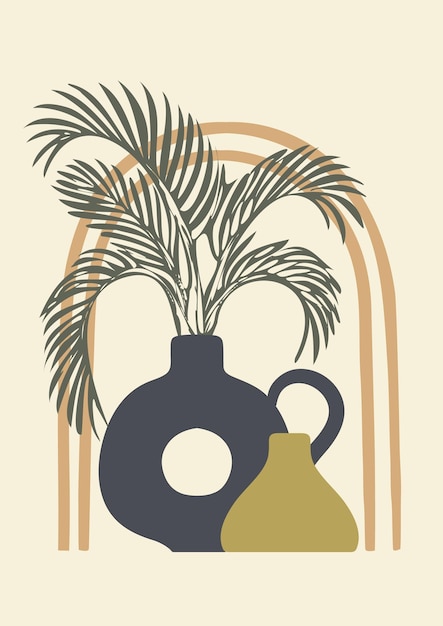 Aesthetic illustration with palm leaves and abstract vases Minimalist shapes in pastel colors