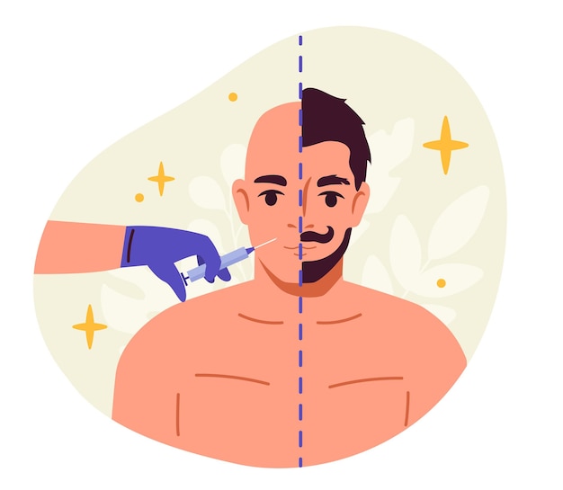 Aesthetic medicine concept hand with syringe near face of man beauty treatment and procedures