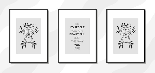 aesthetic mid century modern wall art template with motivational quotes and beautiful woman portrait