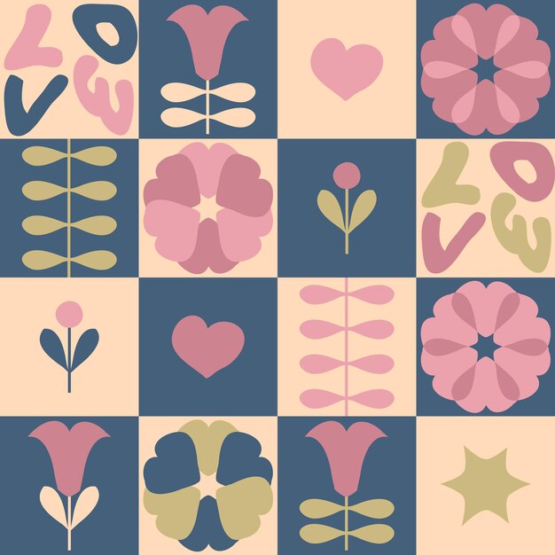 Vector aesthetic seamless pattern with flowers hearts and text love romantic background for tshirt poster textile and print retro vector illustration for decor and design