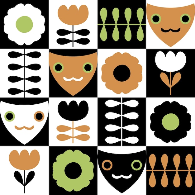 Эстетический бесшовный узор с цветами тюльпанов и кошачьими лицами Геометрический ретро-принт для текстильной и тканевой бумаги Цветочный векторный фон для декора и дизайна