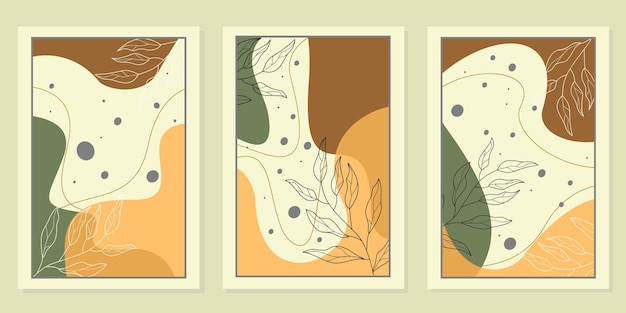 aesthetic wall hanging design set. Abstract brown background with line art leaf elements.