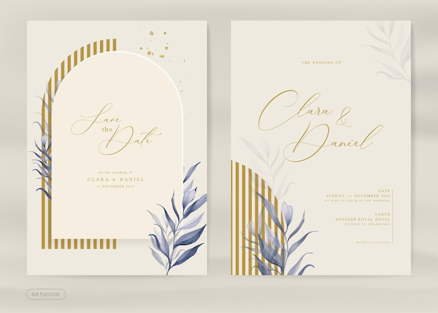 Aesthetic Wedding Invitation Template with Vintage Leaves Watercolor