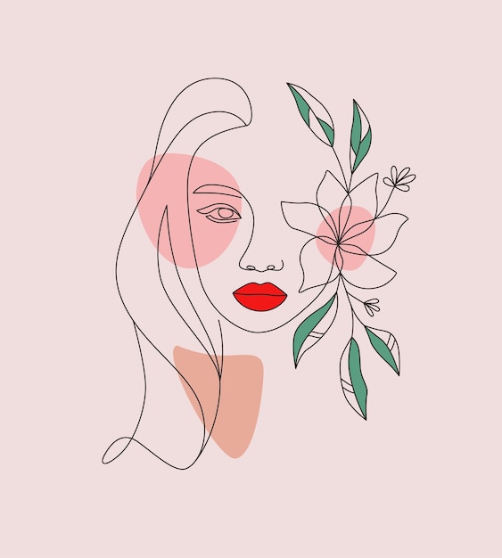 Aesthetic woman face and flowers vector line art minimal line art drawing