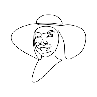 Faccia di donna estetica indossa un cappello una linea continua a linea singola arte