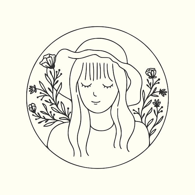 Aesthetic Woman Floral with Frame Line Art