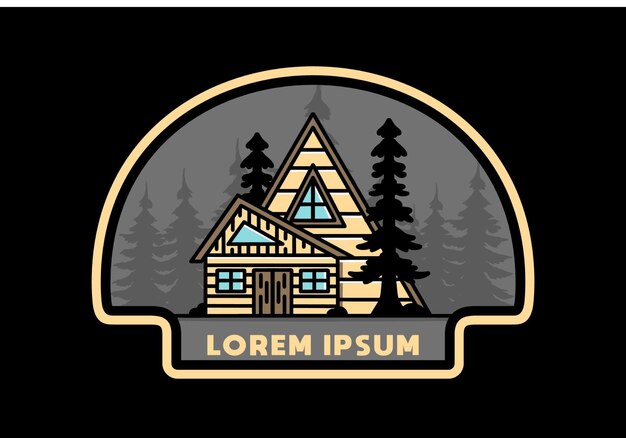 Aesthetic wood house between two pine tree illustration badge design