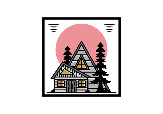 Vector aesthetic wood house between two pine tree illustration badge design