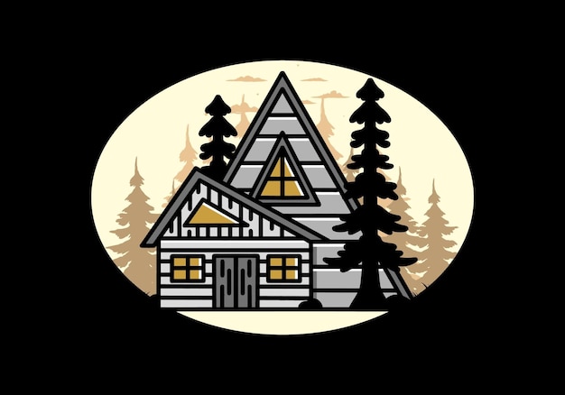 Vector aesthetic wood house between two pine tree illustration badge design