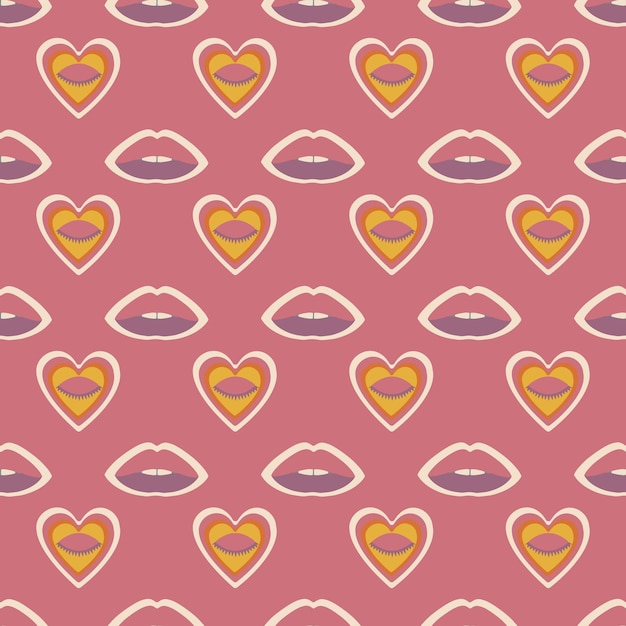 Vector aesthetics of the seventies. hippie seamless pattern. simple print with magic hearts and lips