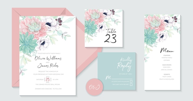 Vector aesthetics wedding invitation template with beautiful succulents