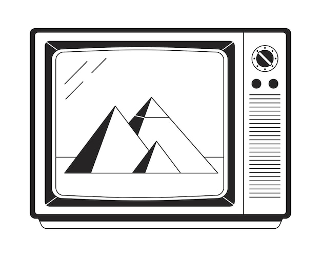 Afbeelding op tv-scherm plat monochroom geïsoleerd vectorobject Vintage tv Bewerkbare zwart-wit lijnkunst tekening Eenvoudige omtrek spot illustratie voor web grafisch ontwerp