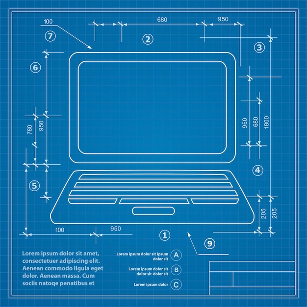 Afbeelding van een personal computer op de achtergrond van een blauwdruktekening