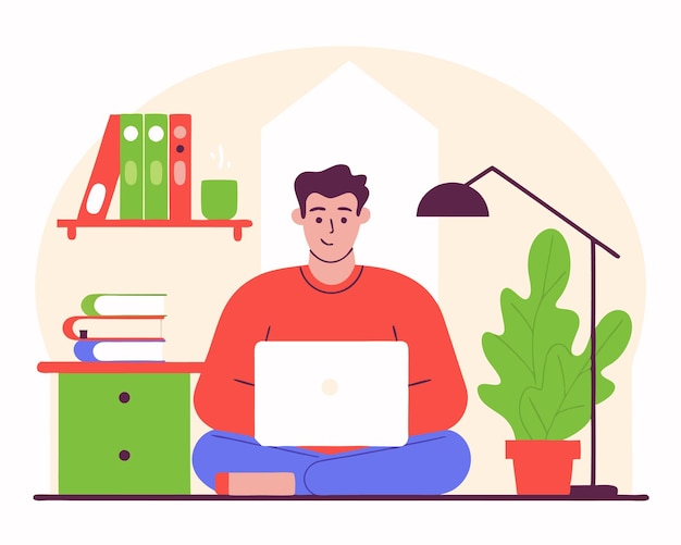 Afbeelding van Freelancer man die freelance werkt vanuit huis gemaakt illustratie