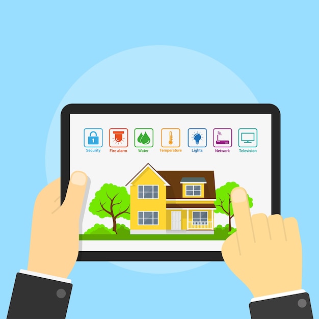 Afbeelding van tablet met huis en pictogrammen op het scherm, smart home-concept, stijlillustratie