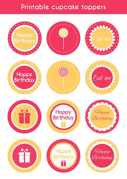 Afdrukbare cupcake toppers, stickers, labels voor verjaardagsfeestje