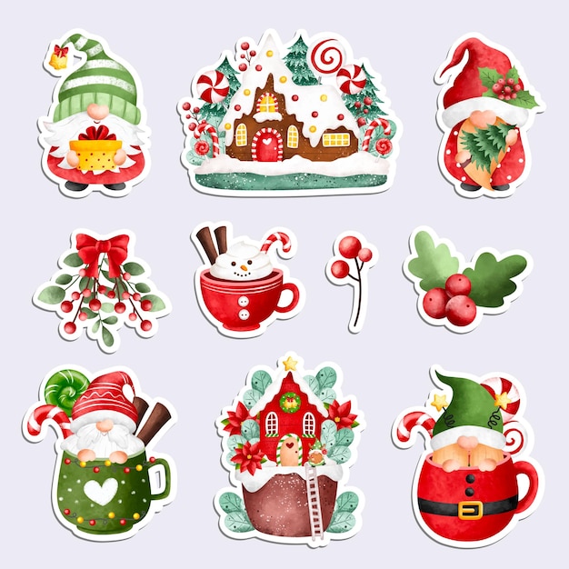 Afdrukbare kerststickers met aquarelillustratie