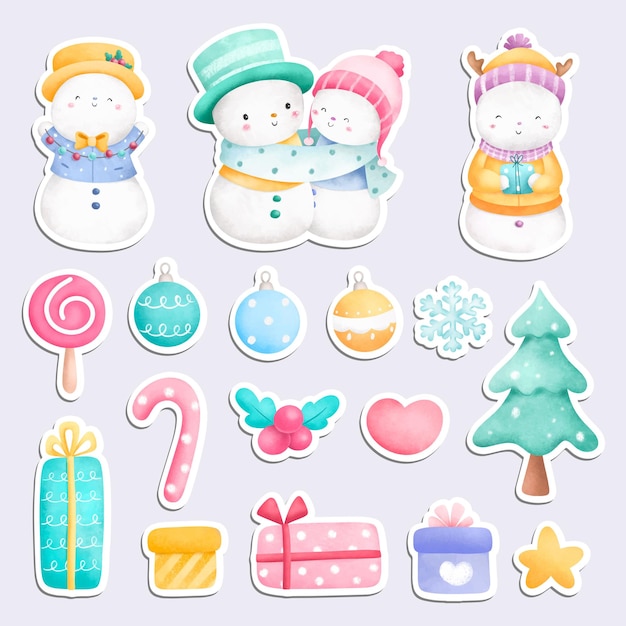 Afdrukbare kerststickers met aquarelillustratie