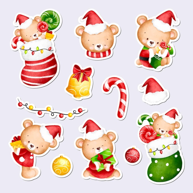 Afdrukbare kerststickers met aquarelillustratie