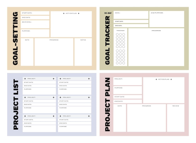 Vector afdrukbare manifestatie sjabloon set voor project planning gewoonte doelen dagboek coaching zelfzorg