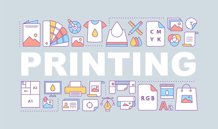Vector afdrukken woord concepten banner. polygrafie en typografie. grafische vormgeving. printers, kleurmodellen, mockups. geïsoleerde belettering typografie idee met lineaire pictogrammen. vector overzicht illustratio