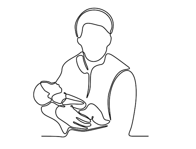 Affectionate father with his little son in continuous line art drawing style Father and son bond