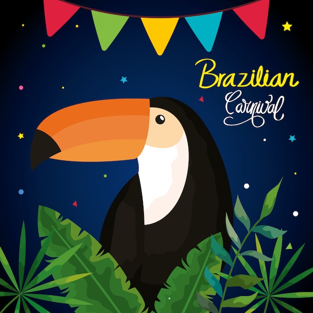 Affiche van carnaval braziliaan met toekan en tropisch doorbladert