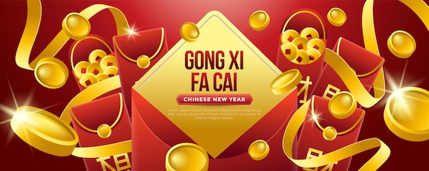 Vector affiche voor een chinees nieuwjaar met gouden ballen en de woorden gong xi fa cai erop.