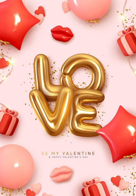 Affiche voor Valentijnsdag. Romantische creatieve achtergrond Realistische 3D-feestelijke decoratieve objecten, rode lippen, hartvormige ballon, liefdeswoordtekst, vallende geschenkdoos, glitter gouden confetti. Vakantie webbanner