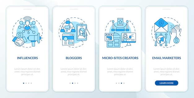 Affiliate marketers types blue onboarding mobile app screen