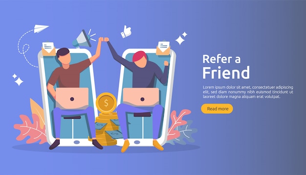 Affiliate marketing concept. refer a friend strategy. people character shout megaphone sharing referral business partnership and earn money.