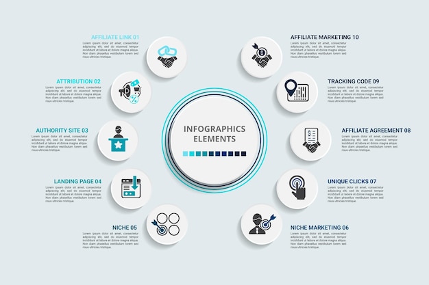 Affiliate marketing infographics sjabloon pictogrammen in verschillende