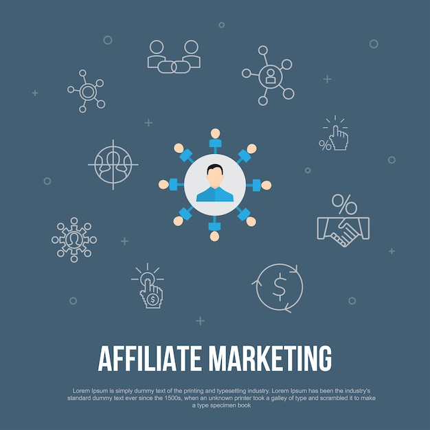 Affiliate marketing trendy ui plat concept met eenvoudige lijnpictogrammen. bevat elementen als affiliate link, commissie, conversie, kosten per klik en meer