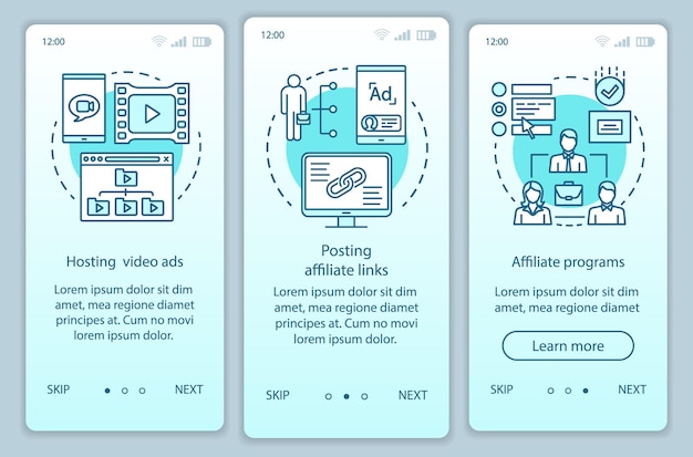 Vettore modello vettoriale dello schermo della pagina dell'app mobile per l'onboarding turchese del marketing di affiliazione. procedura dettagliata del sito web per la pubblicità di affiliazione con illustrazioni lineari. concetto di interfaccia per smartphone ux, ui, gui