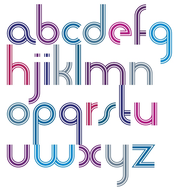 Afgeronde vet vrolijke parallelle cartoon kleine letters, kleurrijk lettertype met driedubbele lijnen op witte achtergrond.