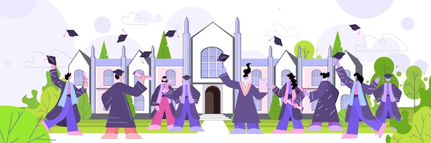 afgestudeerde studenten die hoeden gooien in de buurt van universiteitsgebouw afgestudeerden vieren academisch diploma onderwijsconcept volledige lengte horizontaal